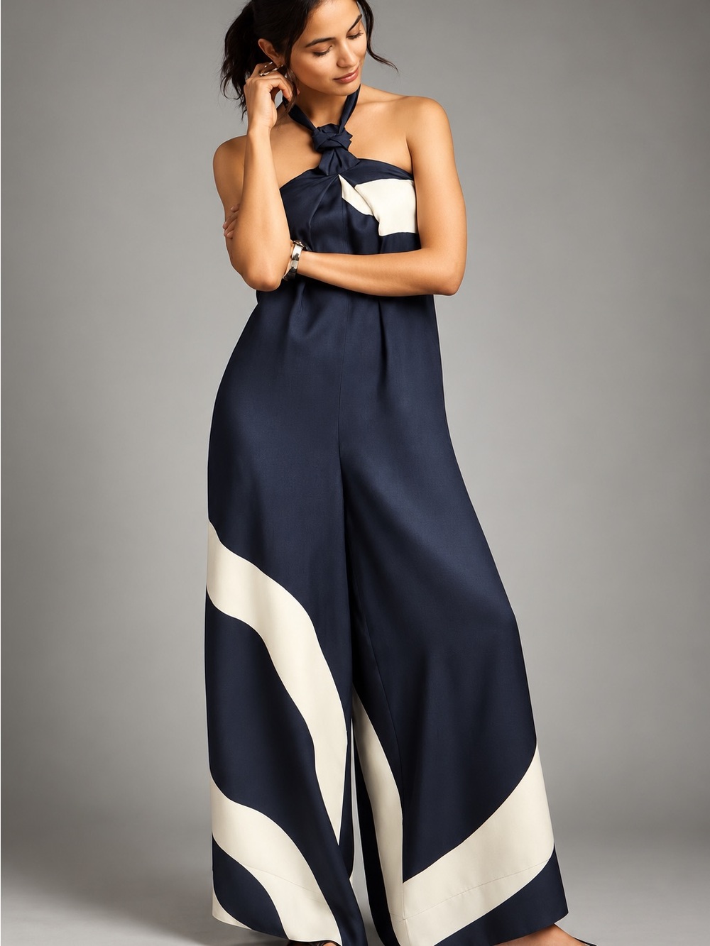 New with Tag! Anthropologie Black and White Tie Neck Halter Wide-Leg Jumpsuit M - Picture 3 of 8
